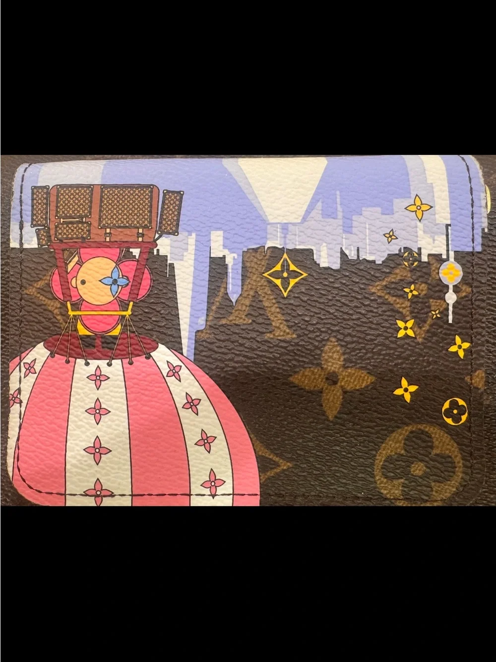Louis Vuitton Brown Monogram Canvas Card Holder with Pink and Blue Illustration